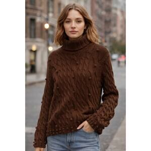 Women’s Brown Bobble Cable Knit Turtleneck Sweater – Heavyweight